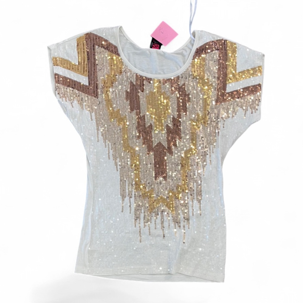 bebe White Short Sleeve Sequin Tee